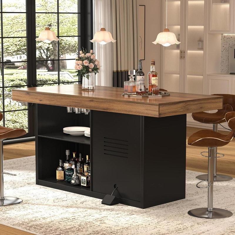 Siyah Ahşap Buzdolabı Bölmeli Raflı Bar Masası - 105 cm - 231848