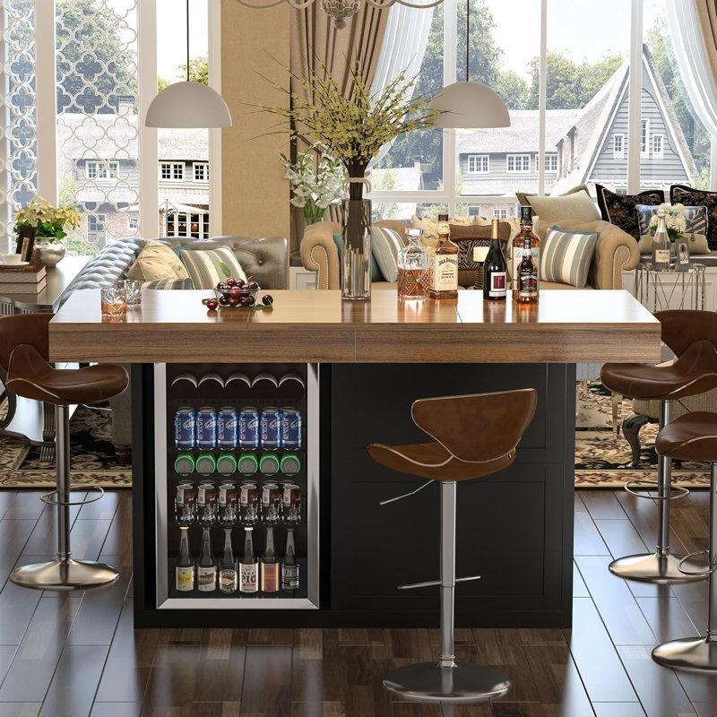 Siyah Ahşap Buzdolabı Bölmeli Raflı Bar Masası - 105 cm - 231848