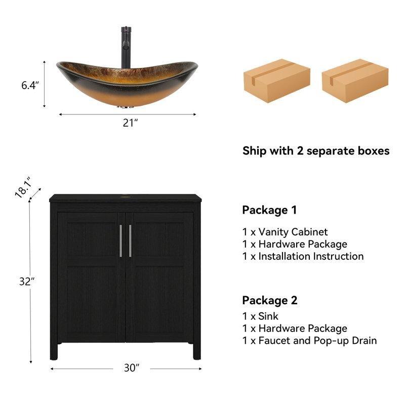 Siyah Ahşap Cam Lavabolu Ayaklı Banyo Dolabı - 77 cm - 202029