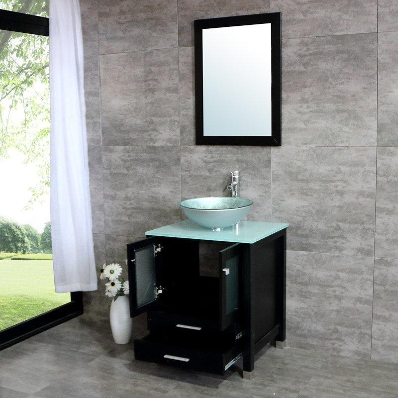 Siyah Ahşap Cam Tezgahlı Aynalı Çekmeceli Ayaklı Banyo Dolabı Seti - 63 cm - 199706
