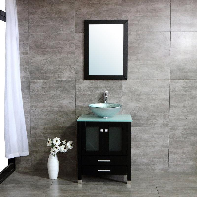 Siyah Ahşap Cam Tezgahlı Aynalı Çekmeceli Ayaklı Banyo Dolabı Seti - 63 cm - 199706