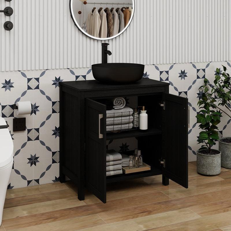 Siyah Ahşap Cam Tezgahlı Çanak Lavabolu Ayaklı Banyo Dolabı - 77 cm - 200275