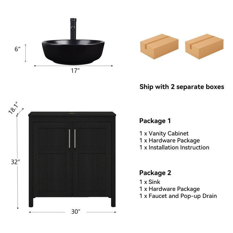 Siyah Ahşap Cam Tezgahlı Çanak Lavabolu Ayaklı Banyo Dolabı - 77 cm - 200275
