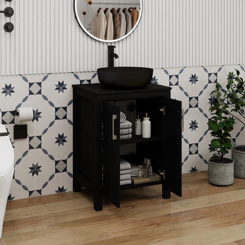 Siyah Ahşap Çanak Lavabolu Ayaklı Banyo Lavabo Dolabı - 62 cm - 201301