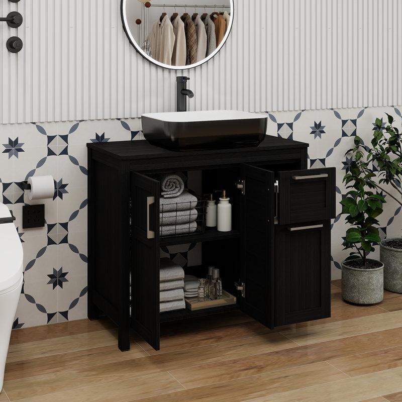 Siyah Ahşap Çekmeceli Ayaklı Banyo Lavabo Dolabı - 91 cm - 199606