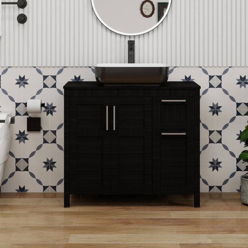 Siyah Ahşap Çekmeceli Ayaklı Banyo Lavabo Dolabı - 91 cm - 199606