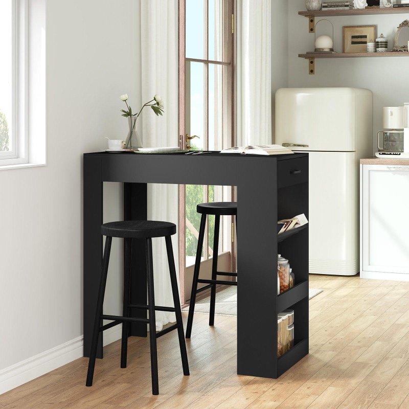 Siyah Ahşap Çekmeceli Raflı Şaraplıklı Bar Masası - 100x50x100 cm - 232620