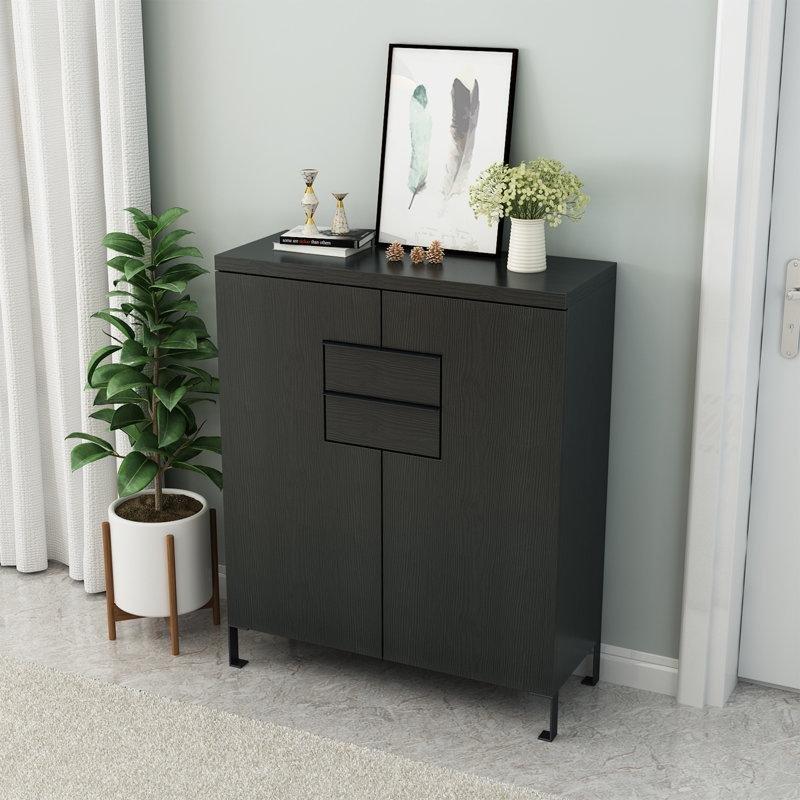 Siyah Ahşap Çift Kapaklı 2 Çekmeceli Ayakkabılık - 81x36x111 cm - 227129