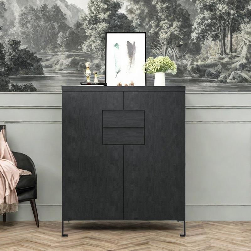 Siyah Ahşap Çift Kapaklı 2 Çekmeceli Ayakkabılık - 81x36x111 cm - 227129