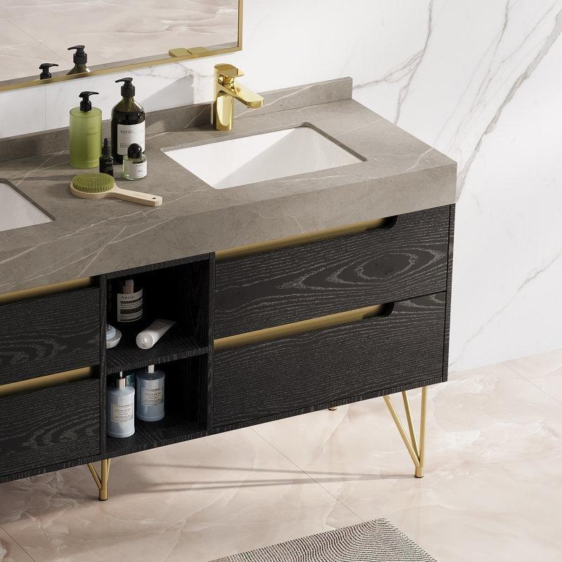 Siyah Ahşap Dokulu Gold Detaylı Firkete Ayaklı İkili Banyo Lavabo Dolabı - 152 cm - 197567