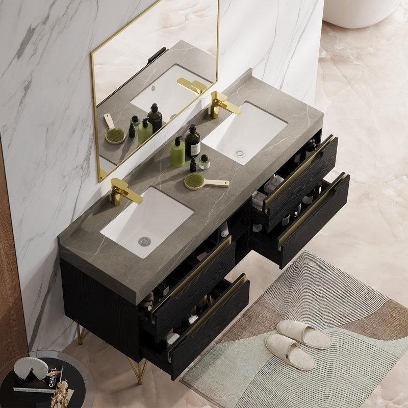 Siyah Ahşap Dokulu Gold Detaylı Firkete Ayaklı İkili Banyo Lavabo Dolabı - 152 cm - 197567