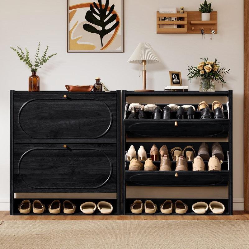Siyah Ahşap Düşer Kapaklı 2li Set Ayakkabılık Dolabı - 81x25x90 cm - 229805