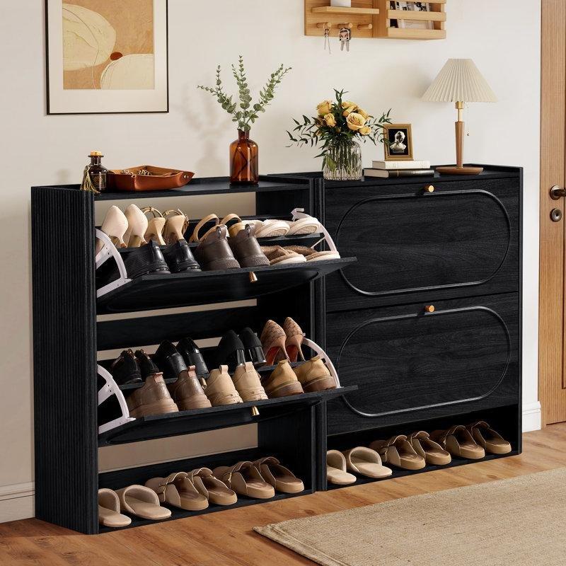 Siyah Ahşap Düşer Kapaklı 2li Set Ayakkabılık Dolabı - 81x25x90 cm - 229805