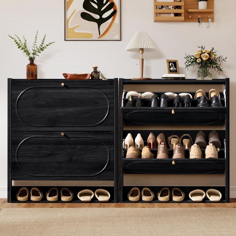 Siyah Ahşap Düşer Kapaklı 2li Set Ayakkabılık Dolabı - 81x25x90 cm - 229805
