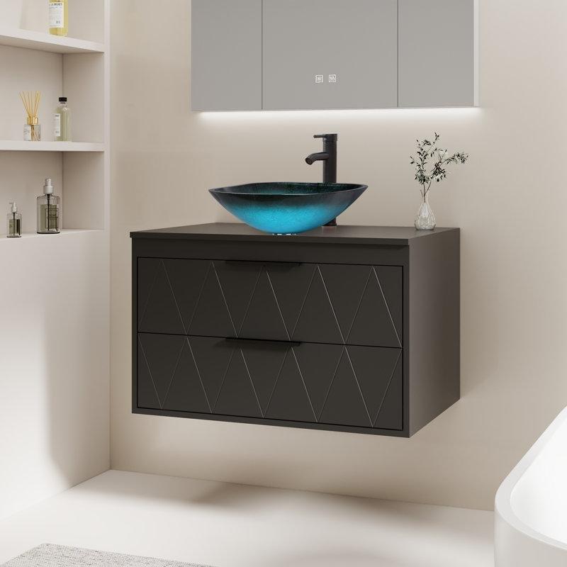 Siyah Ahşap Duvara Monte Çanak Lavabolu Banyo Dolabı - 77 cm - 199449