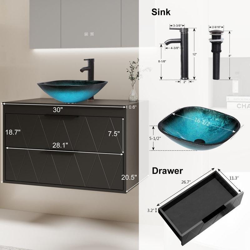 Siyah Ahşap Duvara Monte Çanak Lavabolu Banyo Dolabı - 77 cm - 199449