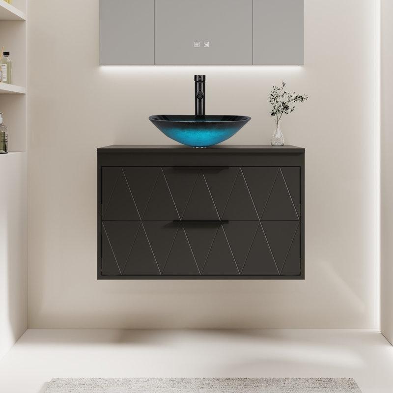 Siyah Ahşap Duvara Monte Çanak Lavabolu Banyo Dolabı - 77 cm - 199449