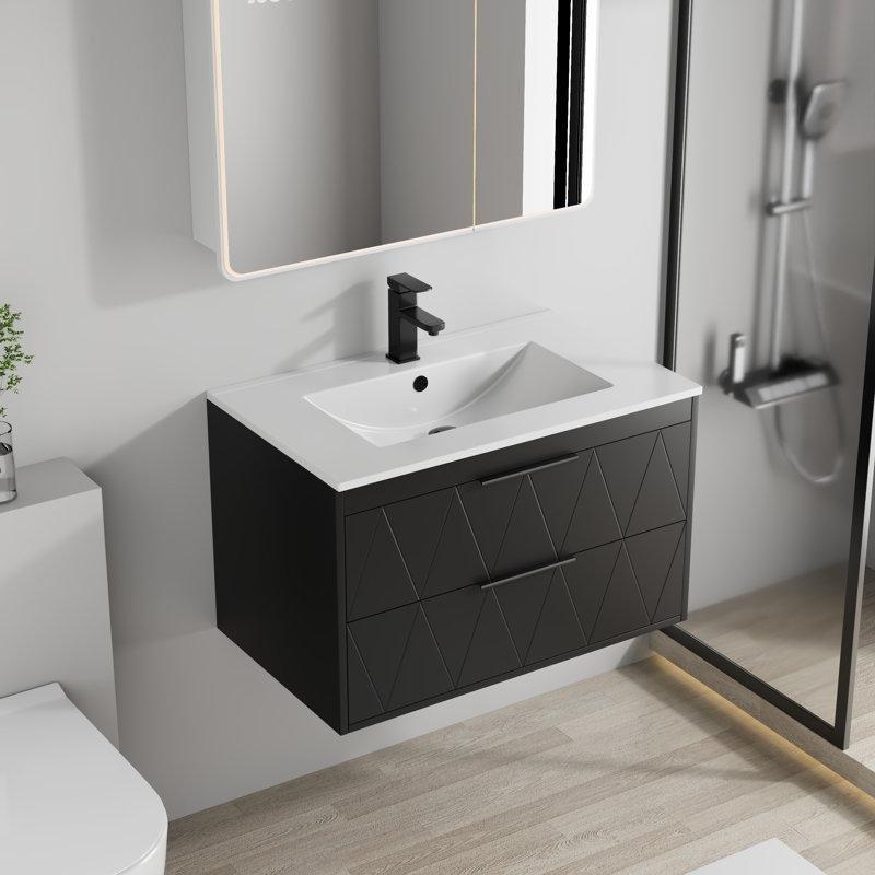 Siyah Ahşap Geometrik Desenli Duvara Monte Yavaş Kapanır Çekmeceli Banyo Lavabo Dolabı - 77 cm - 198158