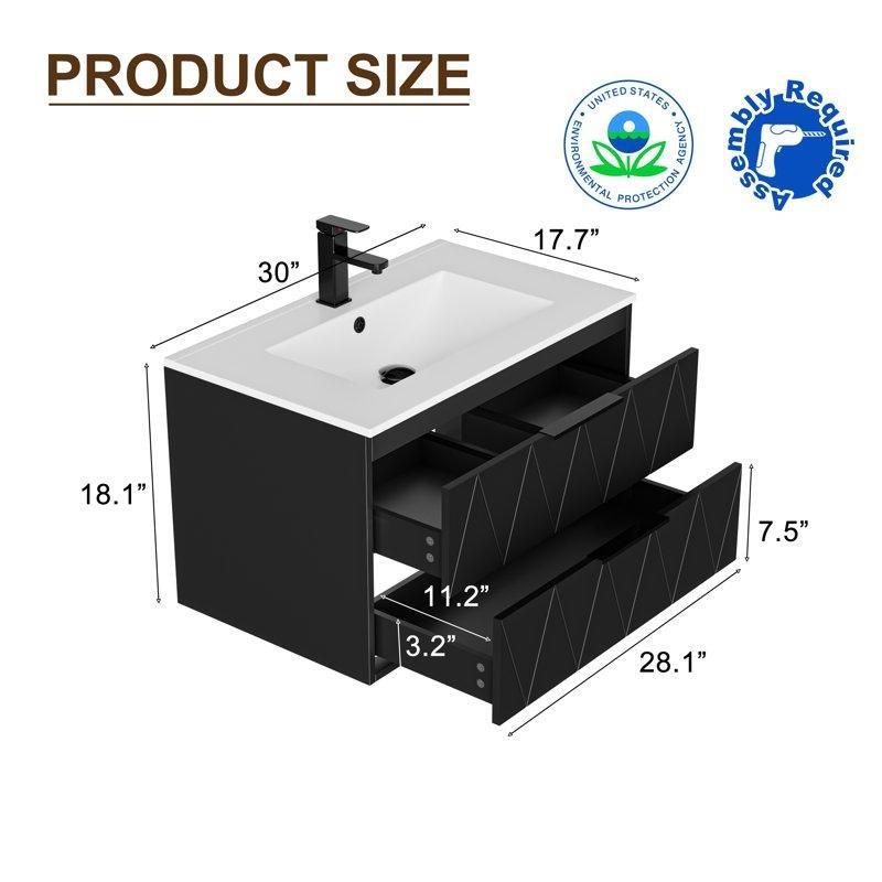 Siyah Ahşap Geometrik Desenli Duvara Monte Yavaş Kapanır Çekmeceli Banyo Lavabo Dolabı - 77 cm - 198158