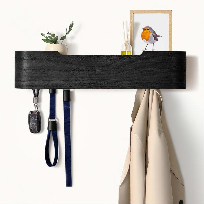 Siyah Ahşap Gizli Askılı 5 Kancalı Duvar Rafı - 54 cm - 179159