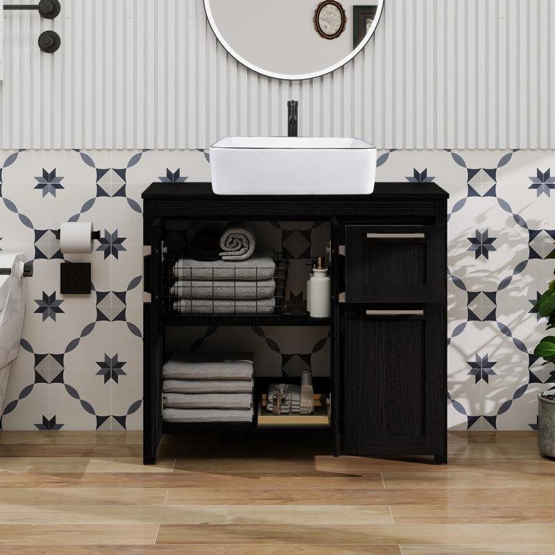 Siyah Ahşap Gövdeli Seramik Çanak Lavabolu ve Çekmeceli Banyo Lavabo Dolabı - 91 cm - 200613