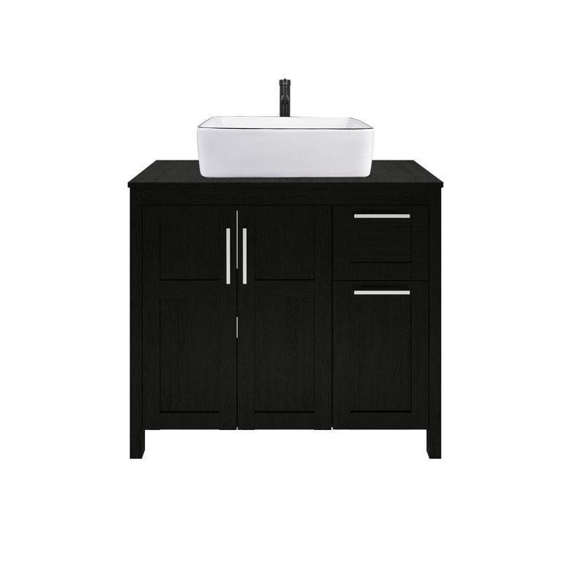 Siyah Ahşap Gövdeli Seramik Çanak Lavabolu ve Çekmeceli Banyo Lavabo Dolabı - 91 cm - 200613