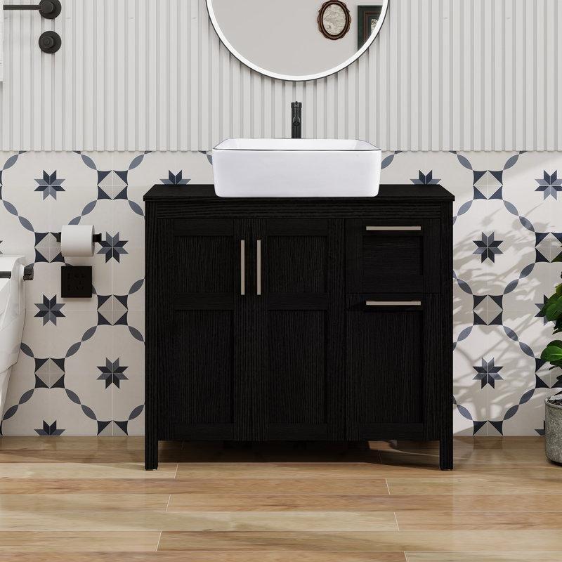 Siyah Ahşap Gövdeli Seramik Çanak Lavabolu ve Çekmeceli Banyo Lavabo Dolabı - 91 cm - 200613