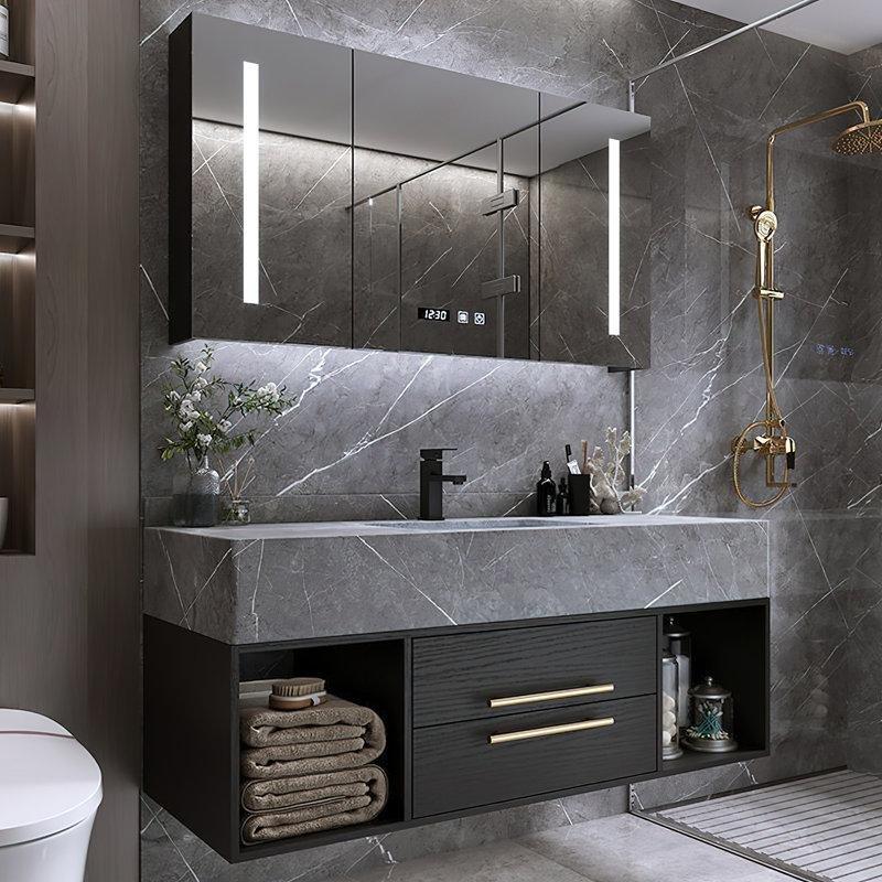 Siyah Ahşap Gri Sinterlenmiş Taş Tezgahlı Gold Kulplu Duvara Monte Banyo Lavabo Dolabı - 101 cm - 197716