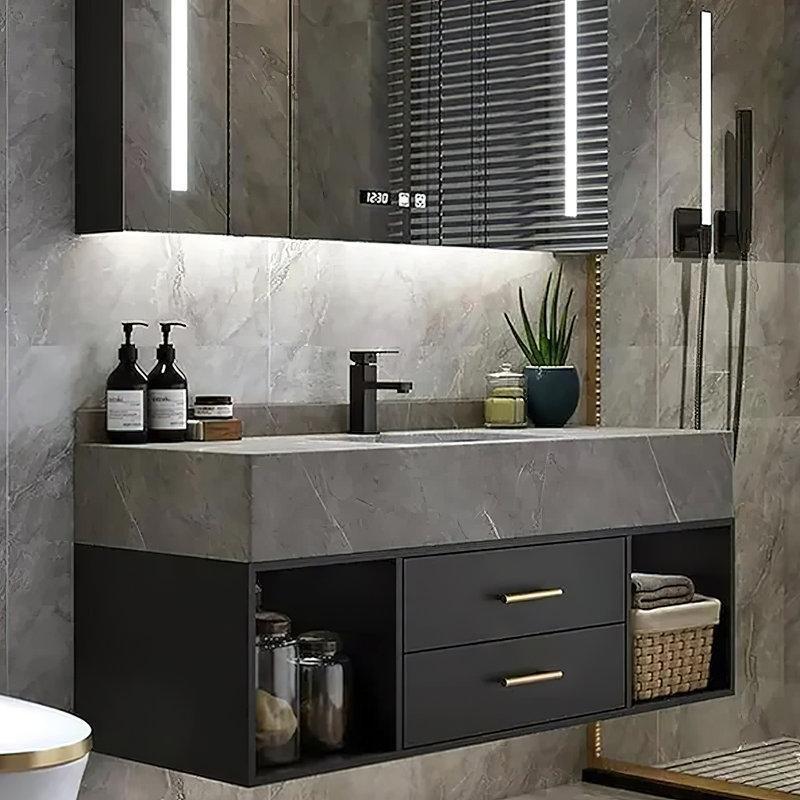 Siyah Ahşap Gri Sinterlenmiş Taş Tezgahlı Gold Kulplu Duvara Monte Banyo Lavabo Dolabı - 101 cm - 197716