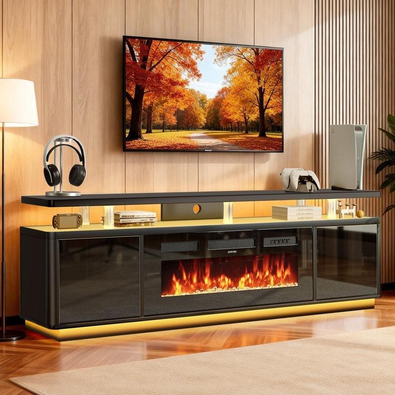 Siyah Ahşap LED Aydınlatmalı Elektrikli Şömineli TV Ünitesi - 178 cm - 220536