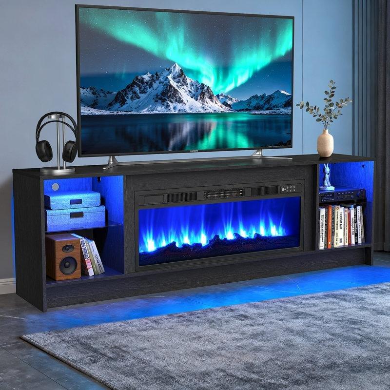 Siyah Ahşap LED Işıklı 4 Kapaklı Elektrikli Şömineli TV Ünitesi - 178 cm - 220472
