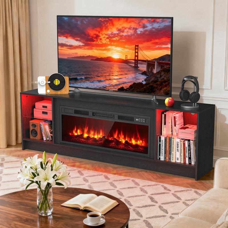 Siyah Ahşap LED Işıklı 4 Kapaklı Elektrikli Şömineli TV Ünitesi - 178 cm - 220472