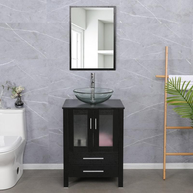 Siyah Ahşap Metal Ayaklı Çanak Lavabolu Çekmeceli Banyo Lavabo Dolabı - 61 cm - 199858