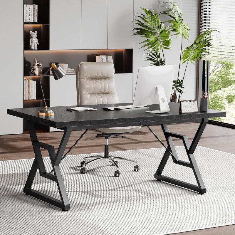 Siyah Ahşap Metal Ayaklı X-Çerçeve Geniş Ofis Masası - 161x81 cm - 177377