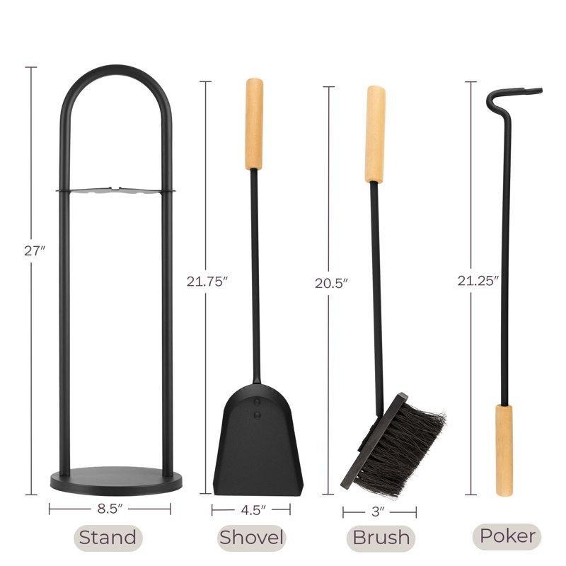Siyah Ahşap Saplı Çelik Stantlı 4 Parça Şömine Maşa Takımı - 69 cm - 188947