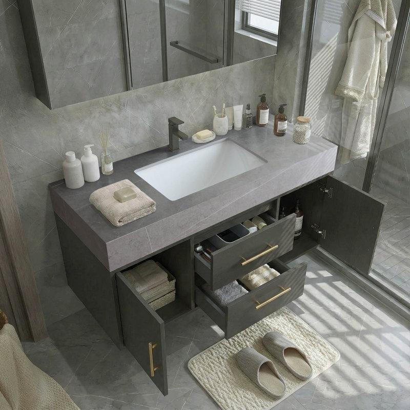 Siyah Ahşap Sinterlenmiş Taş Tezgahlı Duvara Monte Banyo Lavabo Dolabı - 100 cm - 197578