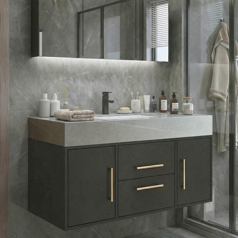 Siyah Ahşap Sinterlenmiş Taş Tezgahlı Duvara Monte Banyo Lavabo Dolabı - 100 cm - 197578