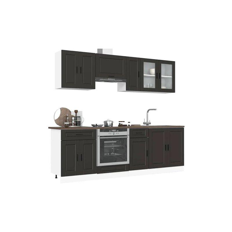 Siyah Ahşap ve Cam Kapaklı 8 Parça Mutfak Dolap Seti - 186652