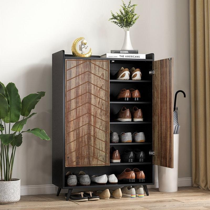 Siyah Ahşap ve Metal 2 Kapaklı Ayarlanabilir Raflı Ayakkabılık - 115x75x35 cm - 230052