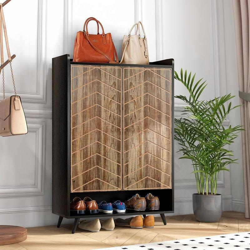 Siyah Ahşap ve Metal 2 Kapaklı Ayarlanabilir Raflı Ayakkabılık - 115x75x35 cm - 230052