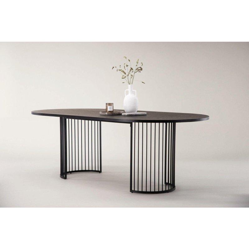 Siyah Ahşap ve Metal Oval Nervürlü Ayaklı Bohem Yemek Masası - 220x110 cm - 235726