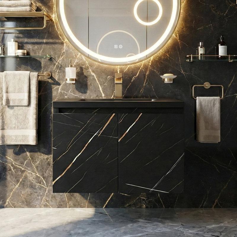 Siyah Ahşap Yandan Raflı Reçine Lavabolu Banyo Dolabı - 70 cm - 197571