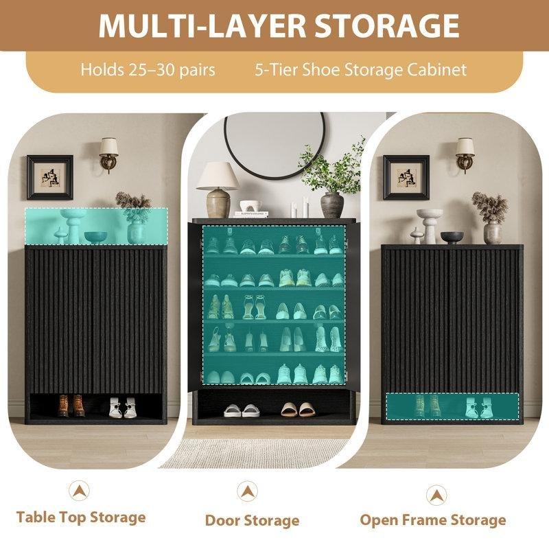 Siyah Ahşap Yivli Kapaklı Ayarlanabilir Raflı Ayakkabılık - 105x81x36 cm - 227491