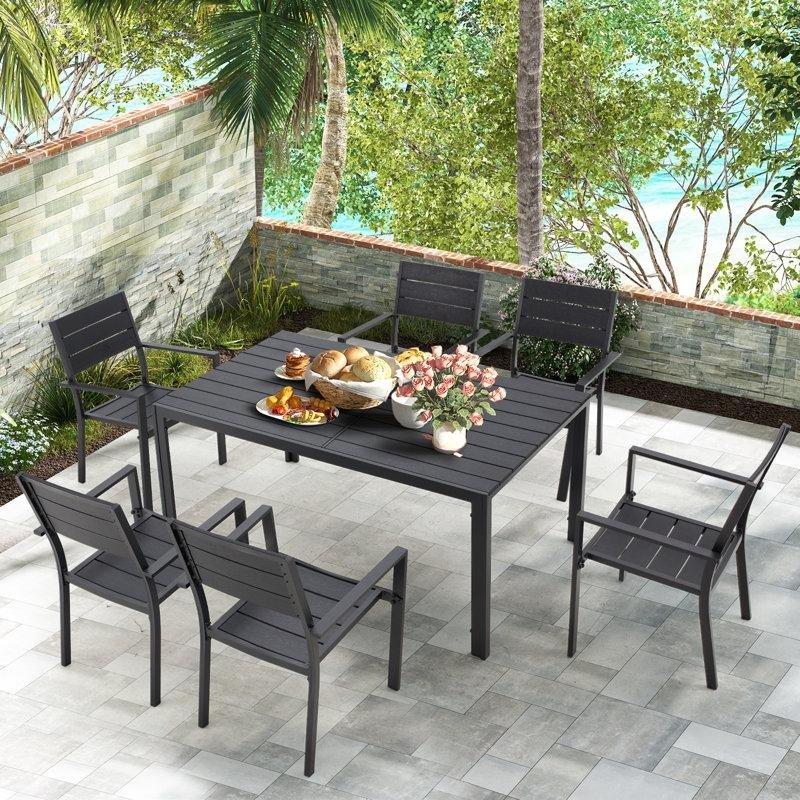Siyah Alüminyum İstiflenebilir Sandalyeli 6 Kişilik Bahçe Masa Takımı - 153x91 cm - 214712