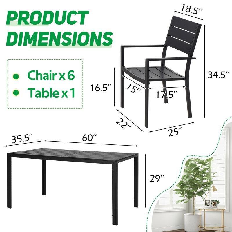 Siyah Alüminyum İstiflenebilir Sandalyeli 6 Kişilik Bahçe Masa Takımı - 153x91 cm - 214712