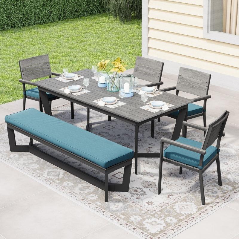 Siyah Alüminyum Minderli 6 Kişilik Bahçe Masa Takımı Açık Gri WPC Tablalı - 200x100 cm - 213892