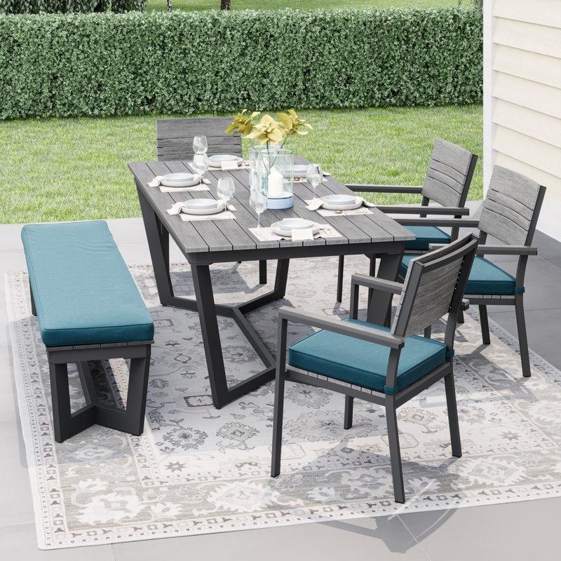 Siyah Alüminyum Minderli 6 Kişilik Bahçe Masa Takımı Açık Gri WPC Tablalı - 200x100 cm - 213892