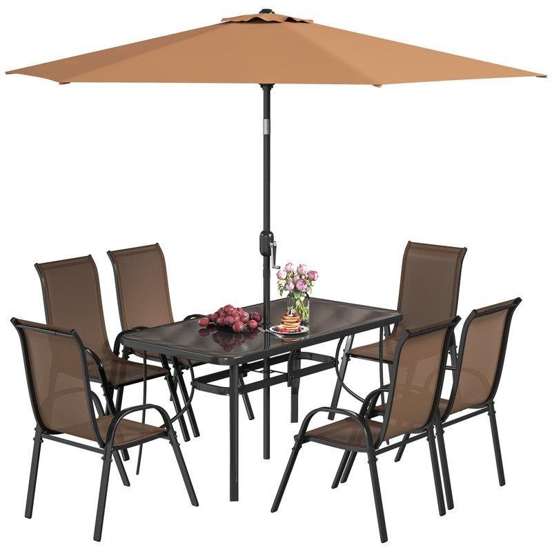 Siyah Alüminyum Temperli Cam Tablalı Şemsiyeli 6 Kişilik Bahçe Masa Takımı - 140x75 cm - 216552