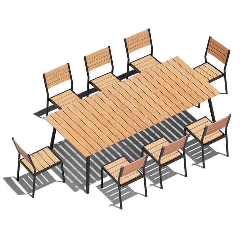 Siyah Alüminyum ve Ahşap Kompozit Şemsiye Delikli 8 Kişilik Bahçe Masa Takımı - 240x107 cm - 215005