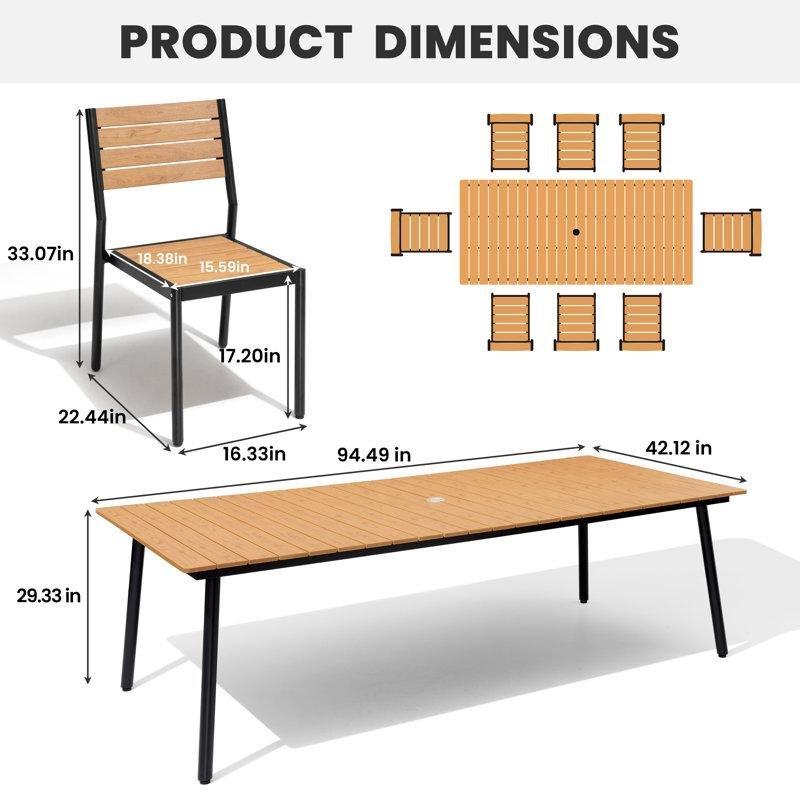 Siyah Alüminyum ve Ahşap Kompozit Şemsiye Delikli 8 Kişilik Bahçe Masa Takımı - 240x107 cm - 215005